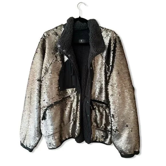 Fp Movement Free People Hit The Slopes Jacket silver sequin fleece bomber XL